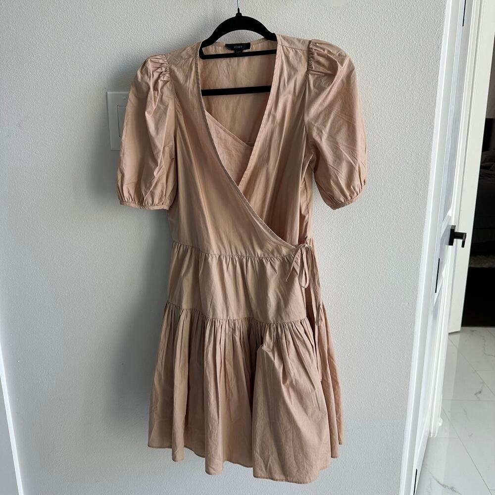 J. Crew Puff Sleeve Cotton Poplin Wrap Dress Beige Ruffle Preppy Romanti…